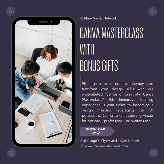 Unleash the full potential of Canva with our exclusive "Canva Masterclass" – a comprehensive training program designed to elevate your design skills and turn your creativity into a thriving business! Whether you're a seasoned designer or just starting, this masterclass provides the blueprint to harness the power of Canva for professional success.