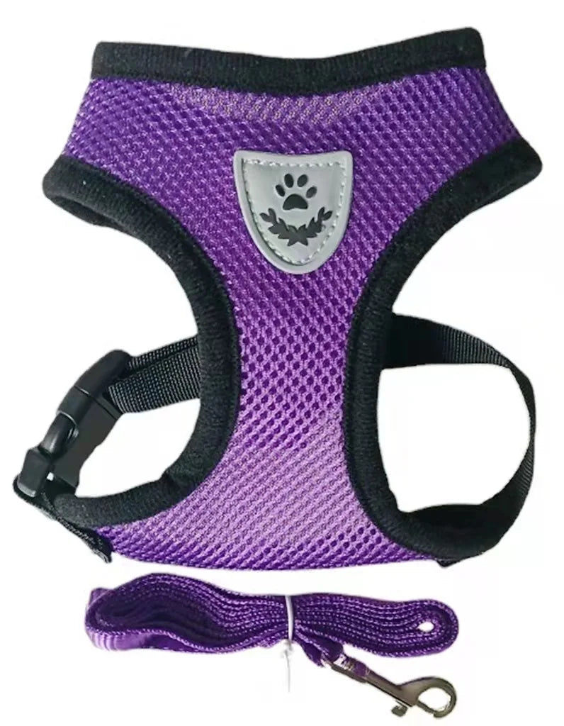 Adjustable Cat and Dog Harness with Reflective Stripes and Matching Leash - Breathable and Durable Polyester Mesh Vest for Small Pets